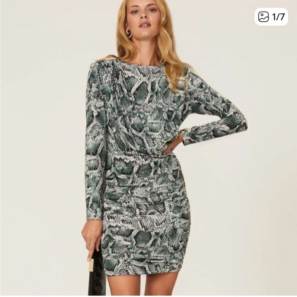 Alexia Admor Small Ruched Python Mini Dress Green Hourglass Long Sleeves XS